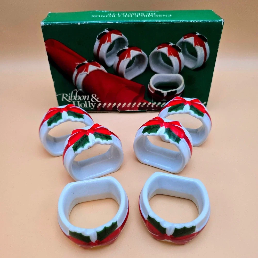 Vintage Mount Clemens Pottery Ribbon & Holly Ceramic Napkin Rings Set of 6 Japan